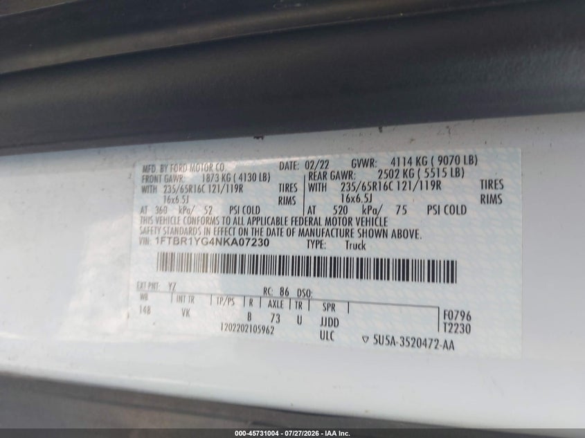 Vin: 1ftbr1yg4nka07230, lot: 46229703, ford transit-250 20224