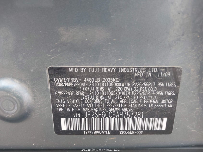 SUBARU FORESTER 2010 VIN JF2SH6CC5AH757281