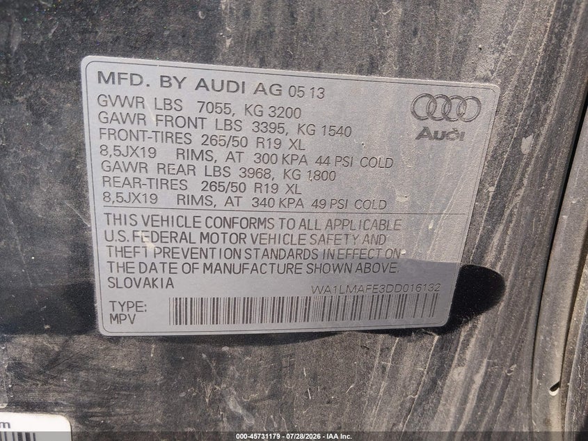 AUDI Q7 2013 VIN WA1LMAFE3DD016132