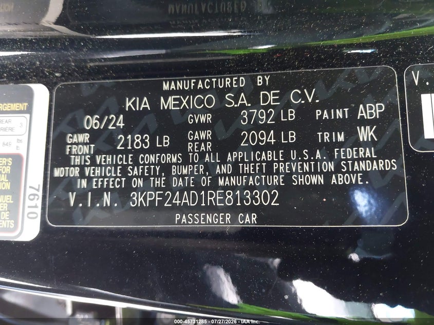 KIA FORTE 2024 VIN 3KPF24AD1RE813302