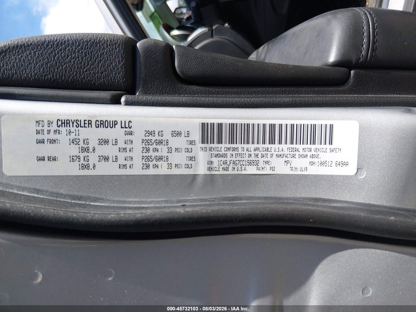 JEEP GRAND CHEROKEE 2012 VIN 1C4RJFAG7CC156932