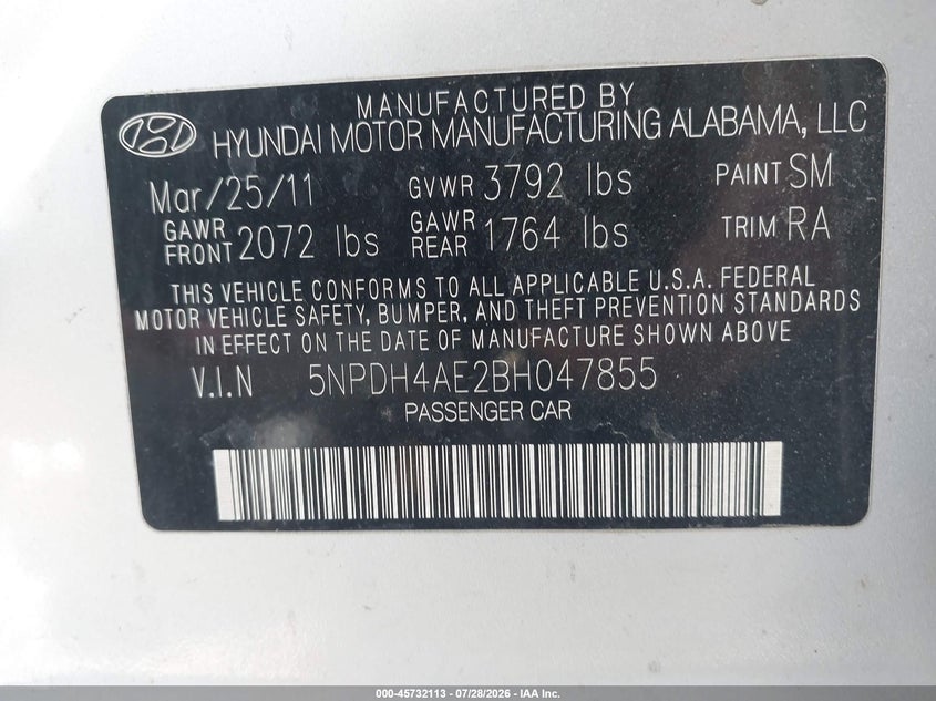 2011 HYUNDAI ELANTRA SEDAN 1.8L I-4 DOHC, VVT, 145HP