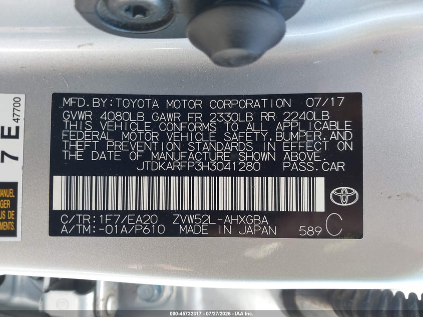 2017 TOYOTA PRIUS HATCHBACK 1.8L I-4 DOHC, VVT, 95HP