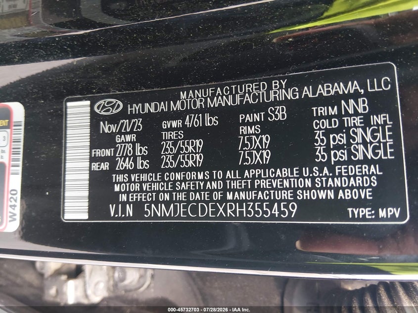 HYUNDAI TUCSON 2024 VIN 5NMJECDEXRH355459
