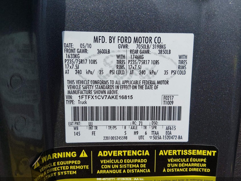 2010 FORD F-150 PICKUP 5.4L V-8 VVT, 310HP