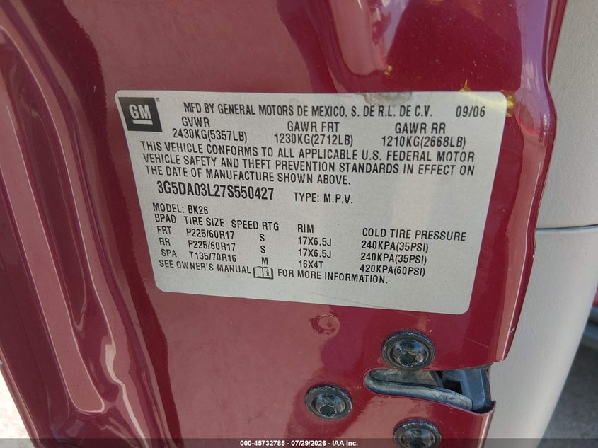BUICK RENDEZVOUS 2007 VIN 3G5DA03L27S550427