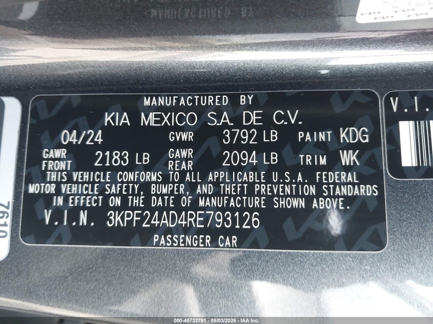 KIA FORTE 2024 VIN 3KPF24AD4RE793126
