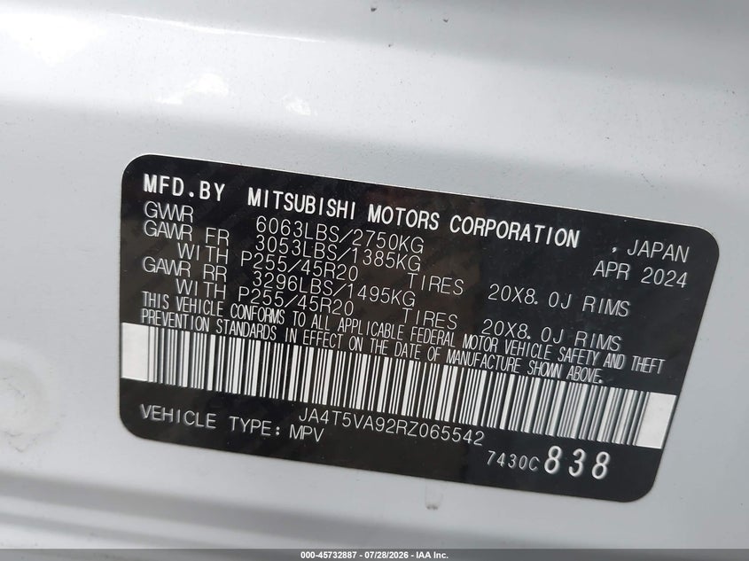 MITSUBISHI OUTLANDER PHEV 2024 VIN JA4T5VA92RZ065542