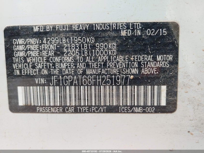 2015 SUBARU IMPREZA HATCHBACK 2.0L H-4 DOHC, VVT, 148HP