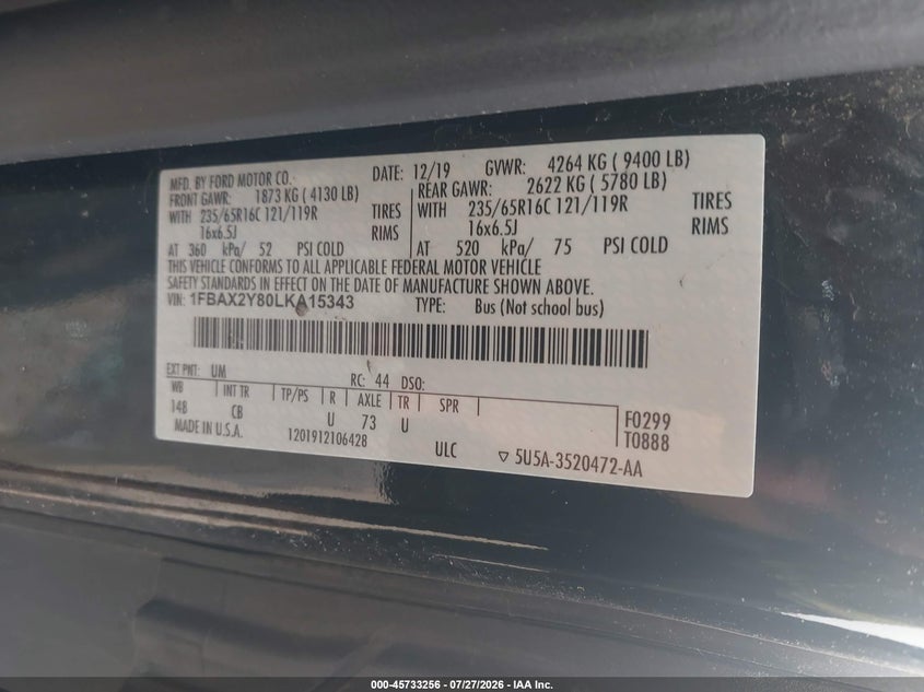 Vin: 1fbax2y80lka15343, lot: 46231955, ford transit-350 passenger van xl 20204