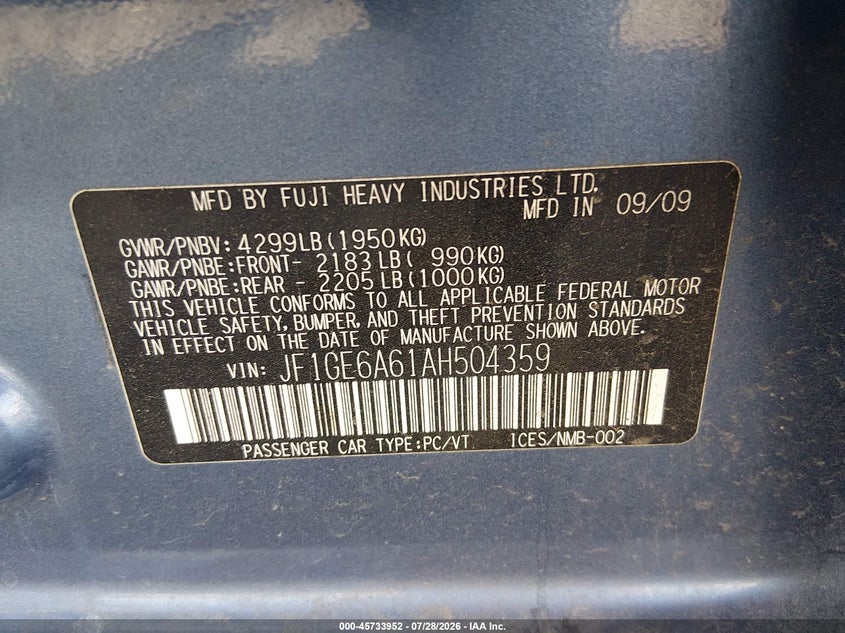 2010 SUBARU IMPREZA SEDAN 2.5L H-4 VVT, 170HP