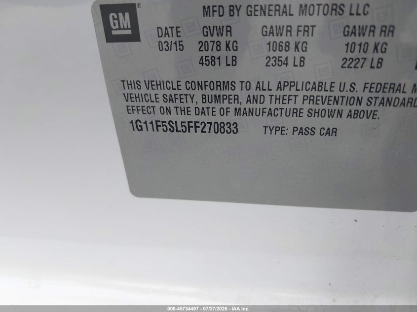 2015 CHEVROLET MALIBU SEDAN 2.5L I-4 DI, DOHC, VVT, 196HP