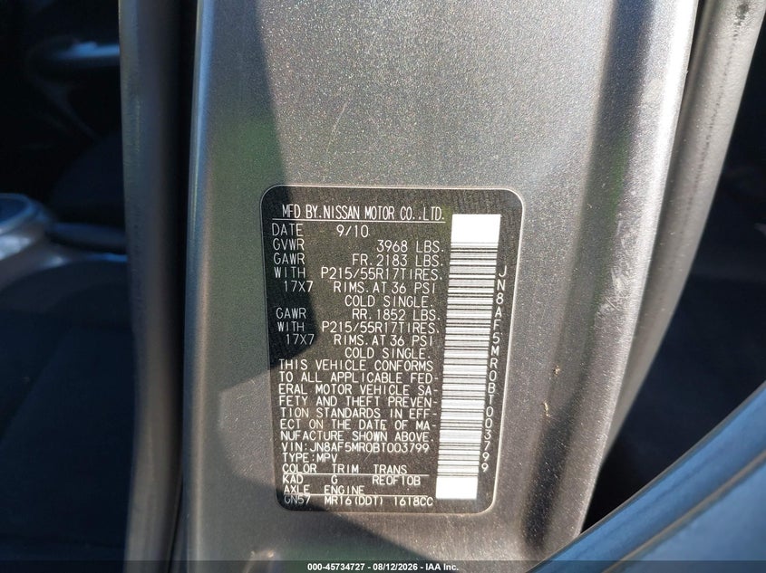 NISSAN JUKE 2011 VIN JN8AF5MR0BT003799