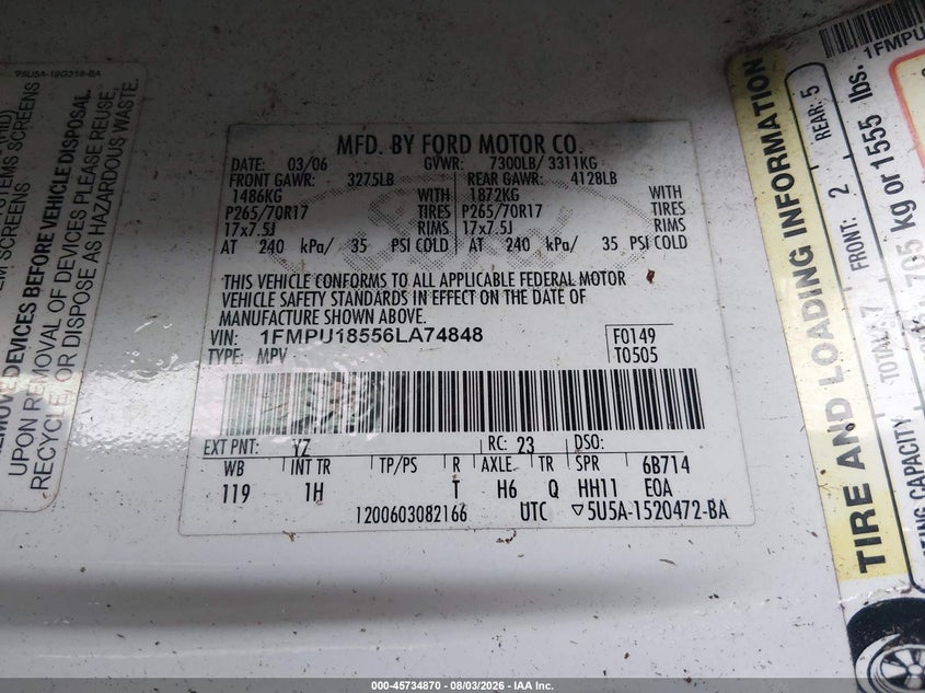 FORD EXPEDITION 2006 VIN 1FMPU18556LA74848