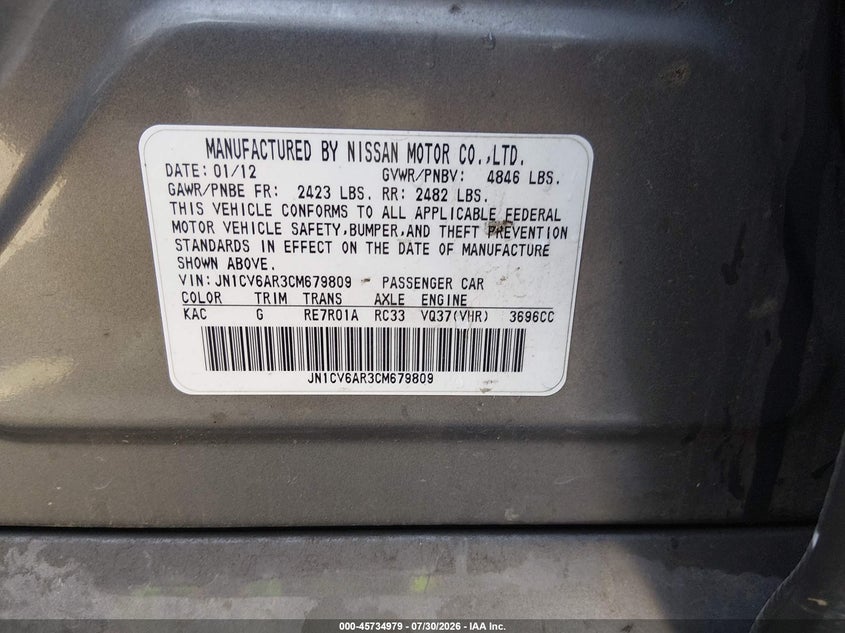 2012 INFINITI G SEDAN 3.7L V-6 DOHC, VVT, 328HP