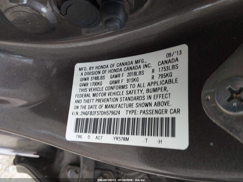 2013 HONDA CIVIC SEDAN 1.8L I-4 VVT, 140HP