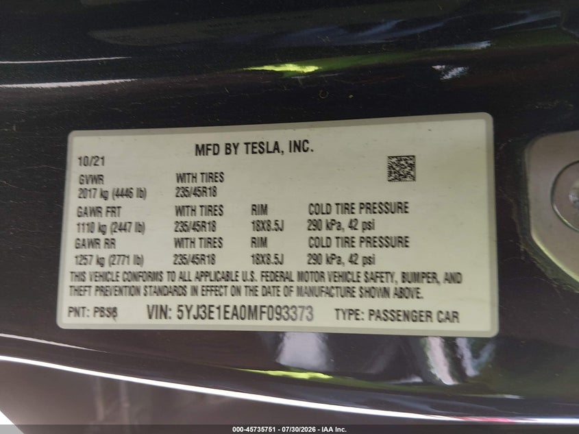 TESLA MODEL 3 2021 VIN 5YJ3E1EA0MF093373