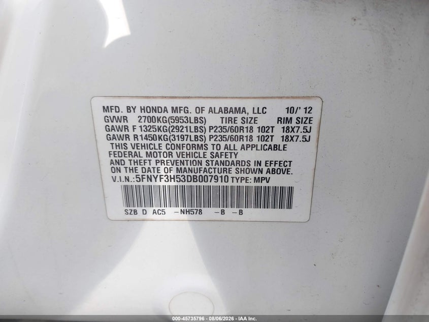 HONDA PILOT 2013 VIN 5FNYF3H53DB007910