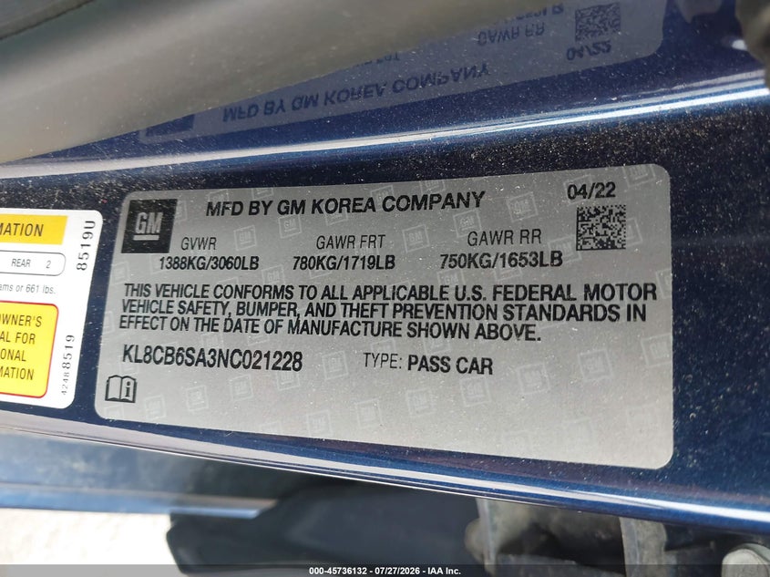 CHEVROLET SPARK 2022 VIN KL8CB6SA3NC021228