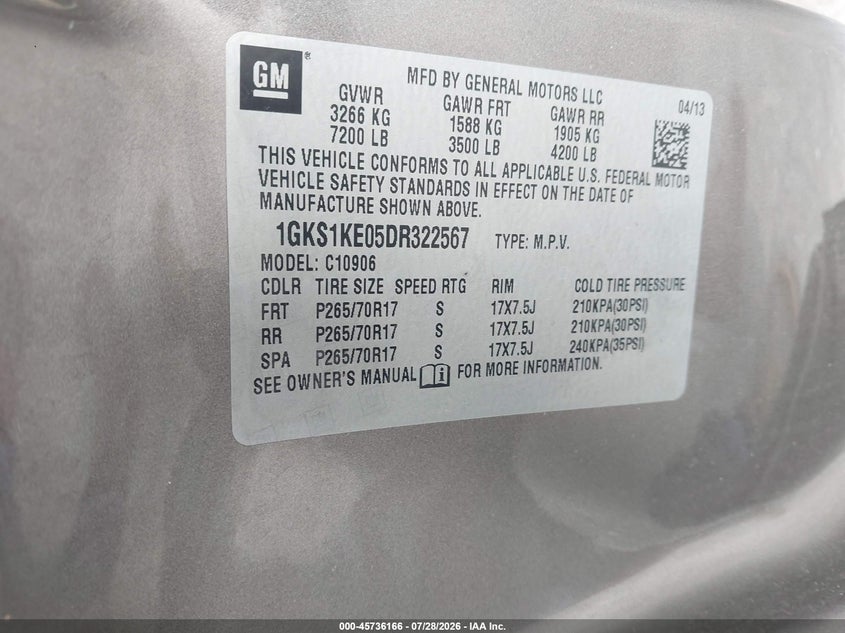 GMC YUKON XL 1500 2013 VIN 1GKS1KE05DR322567