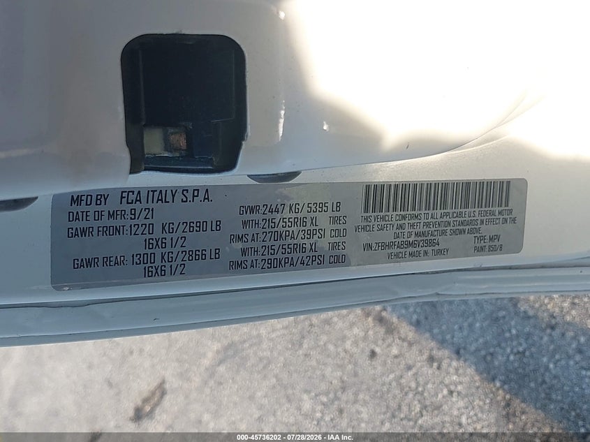 Vin: zfbhrfab9m6v39864, lot: 46234906, ram promaster city tradesman 20214