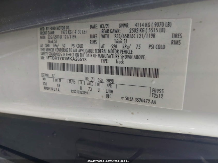 FORD TRANSIT-250 2021 VIN 1FTBR1Y81MKA26518