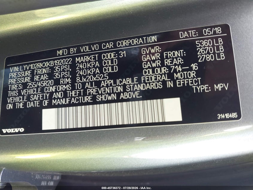 VOLVO XC60 2019 VIN LYV102RKXKB192022