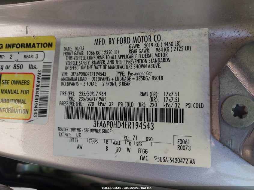 2014 FORD FUSION SEDAN 1.5L I-4 DI, DOHC, VVT, TURBO, 181HP