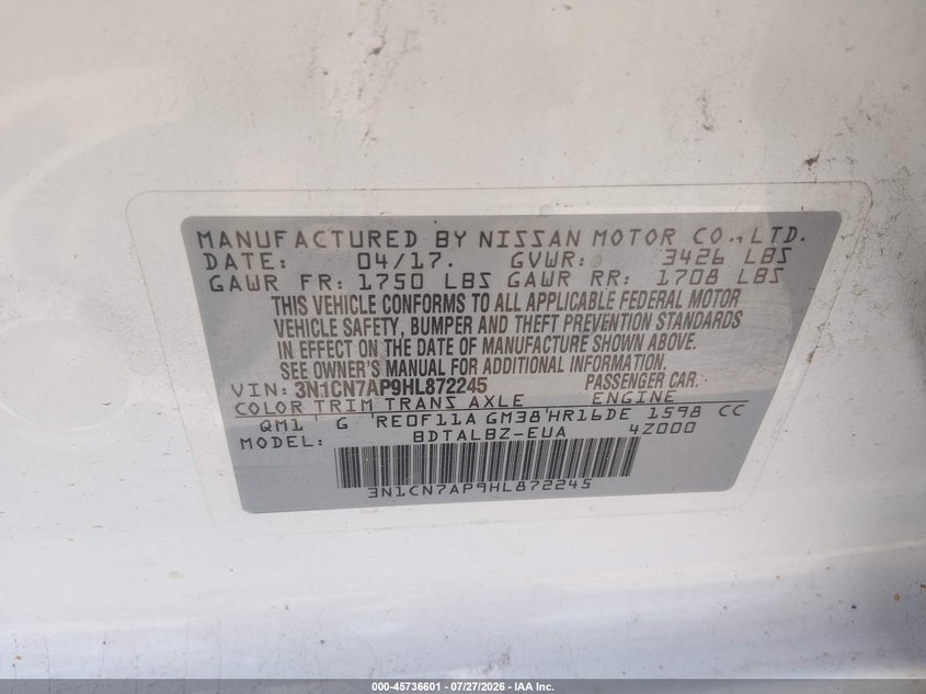 NISSAN VERSA 2017 VIN 3N1CN7AP9HL872245