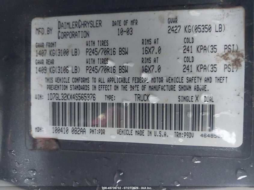 DODGE DAKOTA 2004 VIN 1D7GL32KX4S565376