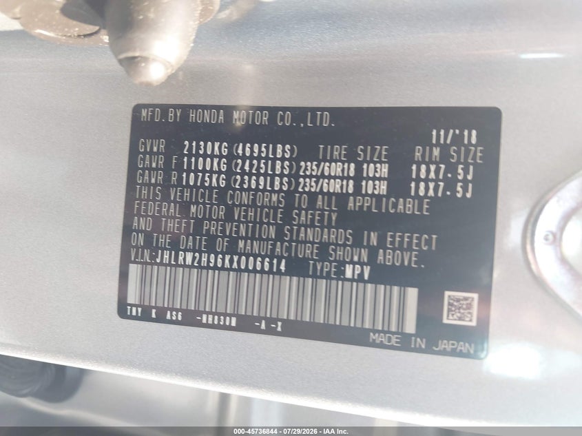 HONDA CR-V 2019 VIN JHLRW2H96KX006614