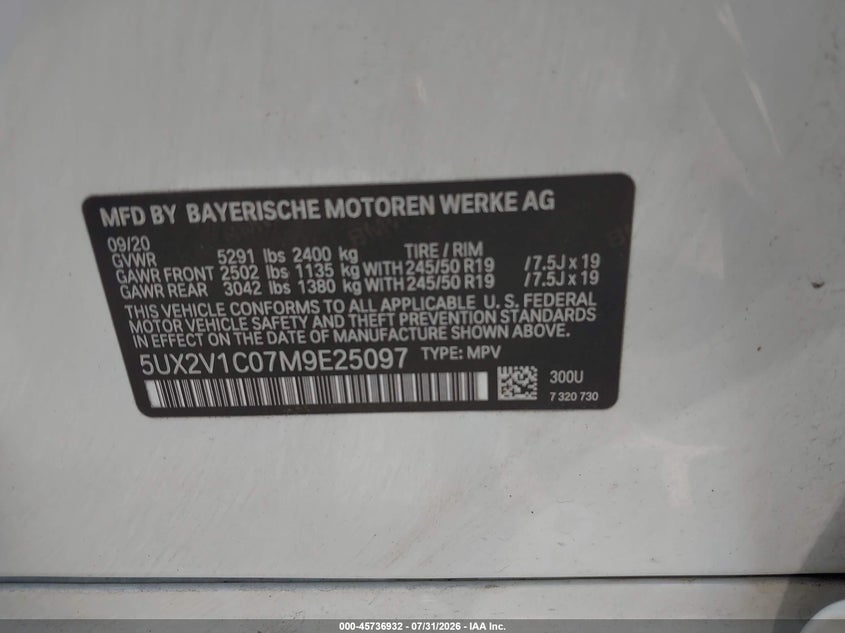 2021 BMW X4 SPORT UTILITY VEHICLE 2.0L I-4 DI, DOHC, VVT, TURBO, 248HP