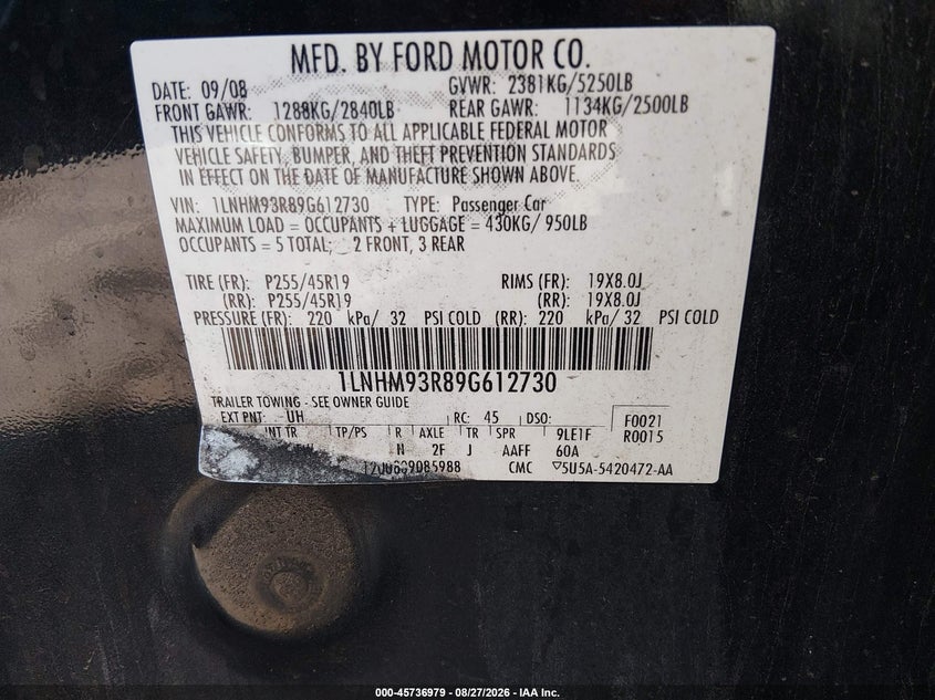 LINCOLN MKS 2009 VIN 1LNHM93R89G612730