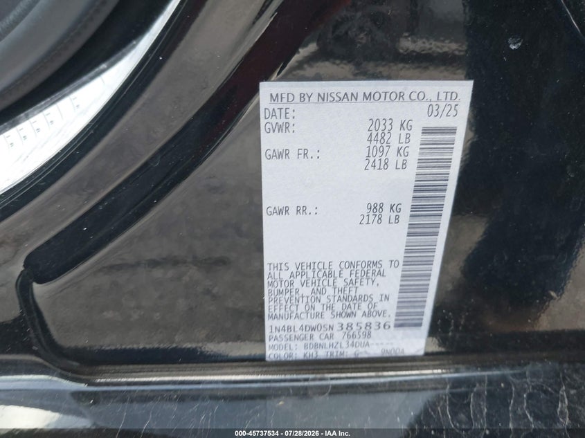 NISSAN ALTIMA 2025 VIN 1N4BL4DW0SN385836