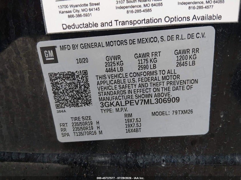 GMC TERRAIN 2021 VIN 3GKALPEV7ML306909