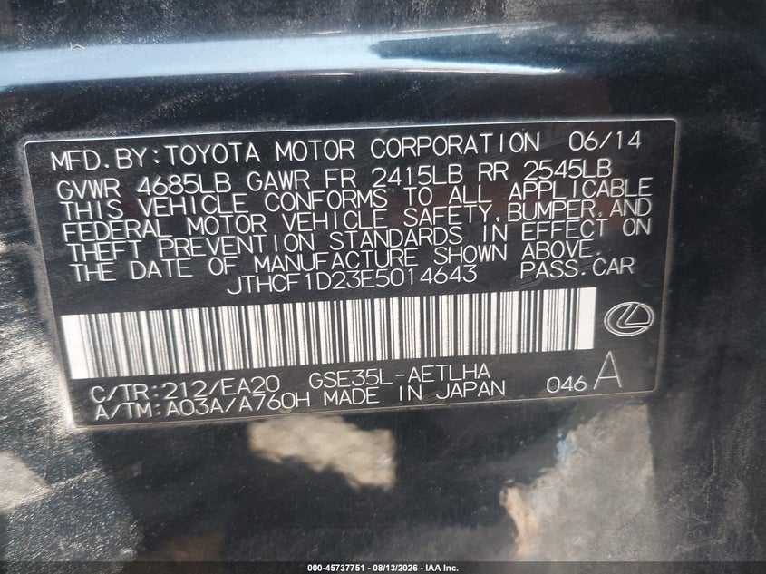 LEXUS IS 250 2014 VIN JTHCF1D23E5014643