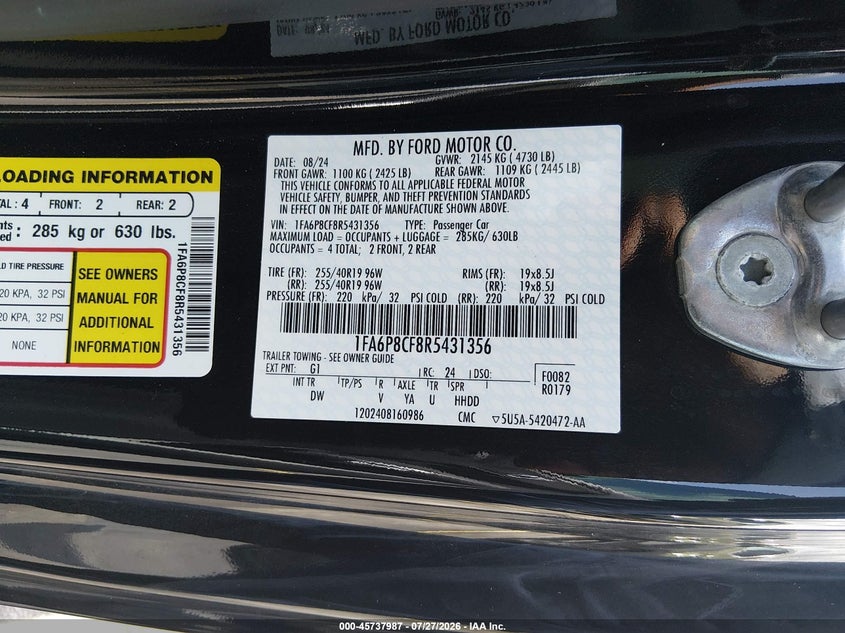 FORD MUSTANG 2024 VIN 1FA6P8CF8R5431356