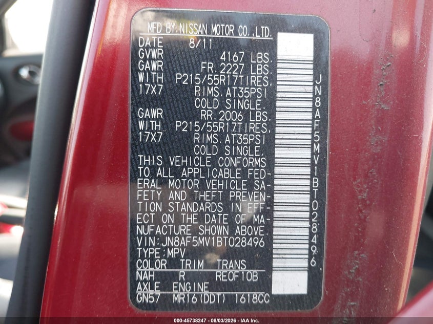 NISSAN JUKE 2011 VIN JN8AF5MV1BT028496
