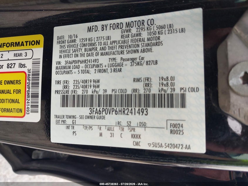 2017 FORD FUSION SEDAN 2.7L V-6 DI, DOHC, VVT, TURBO, 325HP