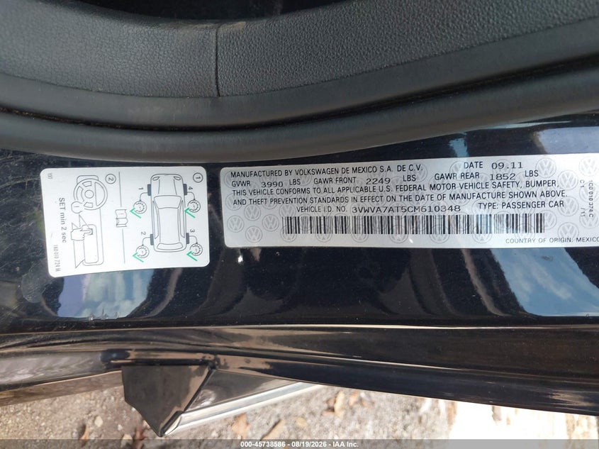 VOLKSWAGEN BEETLE 2012 VIN 3VWVA7AT5CM610348