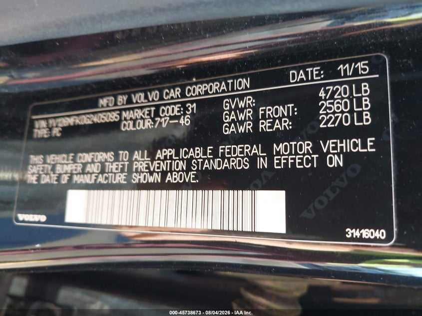 VOLVO S60 2016 VIN YV126MFK0G2405095