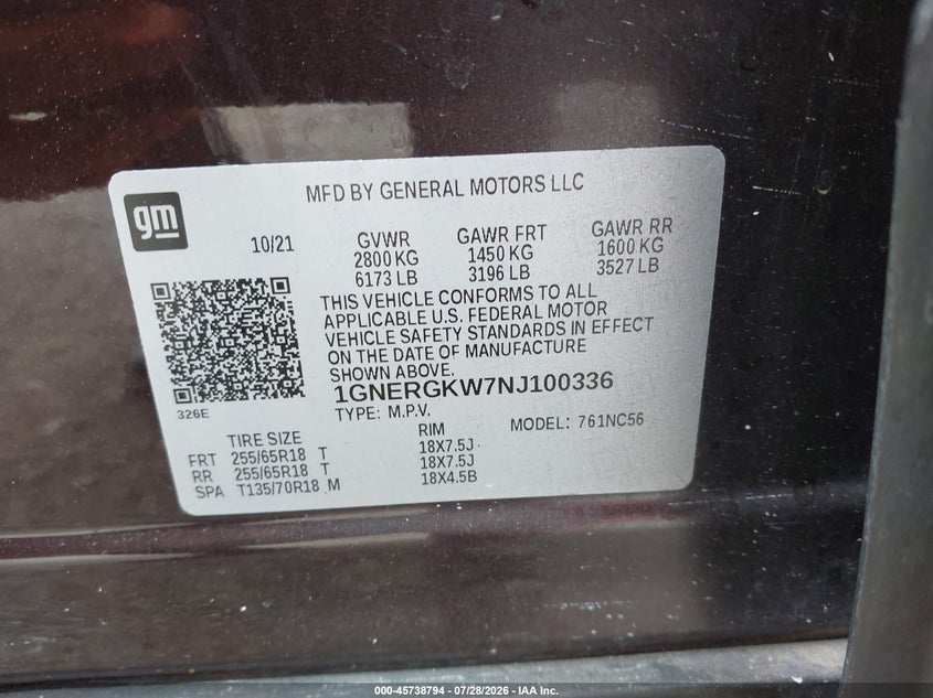 CHEVROLET TRAVERSE 2022 VIN 1GNERGKW7NJ100336