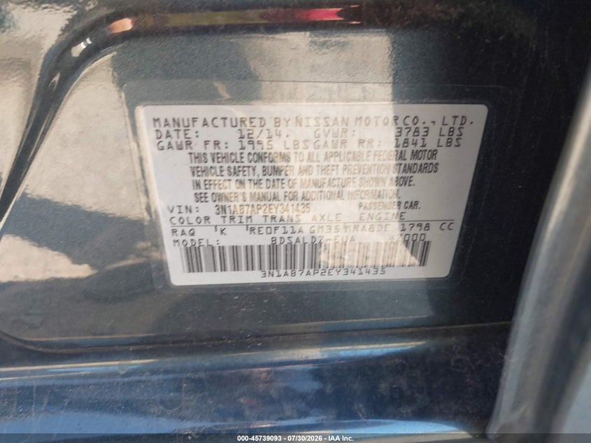 NISSAN SENTRA 2014 VIN 3N1AB7AP2EY341435