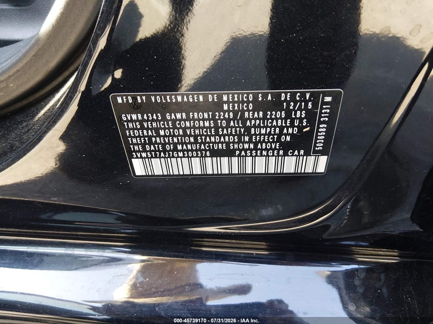 VOLKSWAGEN JETTA 2016 VIN 3VW5T7AJ7GM300376