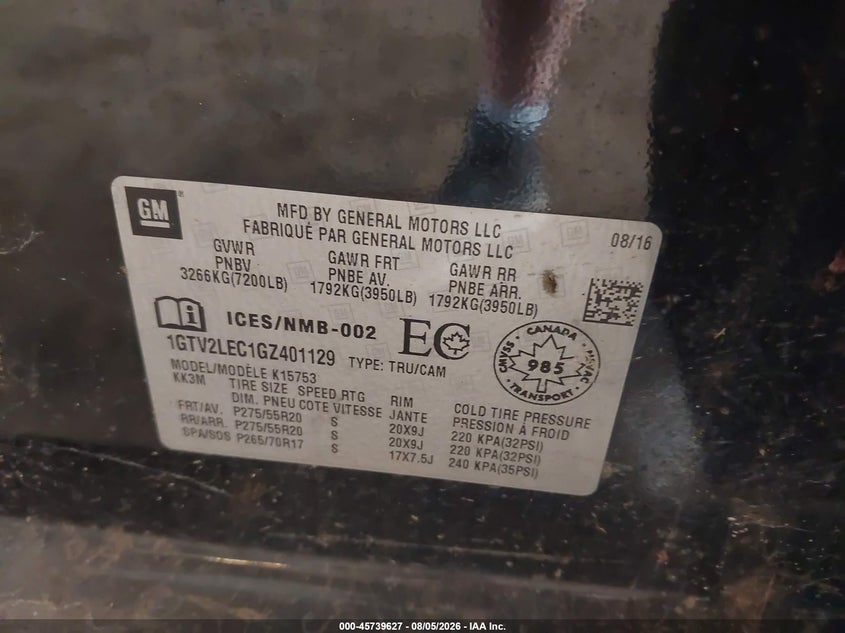 GMC SIERRA 1500 2016 VIN 1GTV2LEC1GZ401129