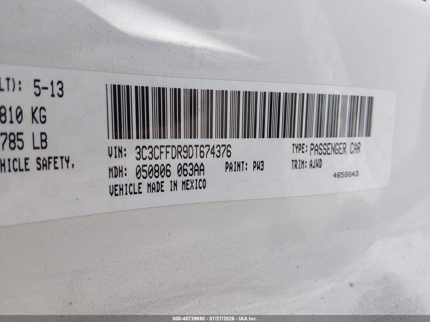 FIAT 500C 2013 VIN 3C3CFFDR9DT674376