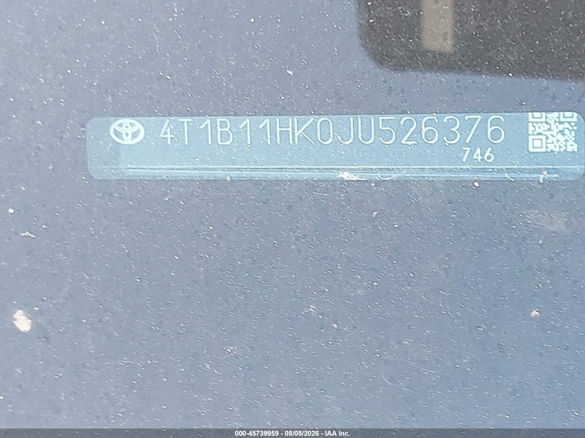 TOYOTA CAMRY 2018 VIN 4T1B11HK0JU526376