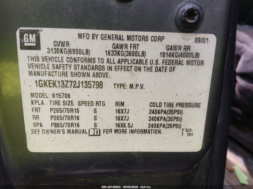 GMC YUKON 2002 VIN 1GKEK13Z72J135798