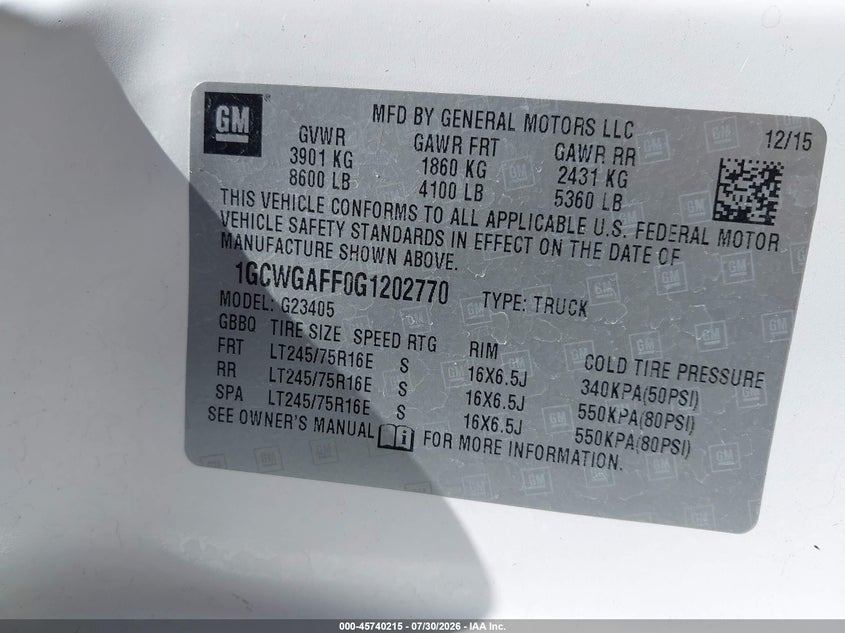 Vin: 1gcwgaff0g1202770, lot: 46238919, chevrolet express 2500 work van 20164