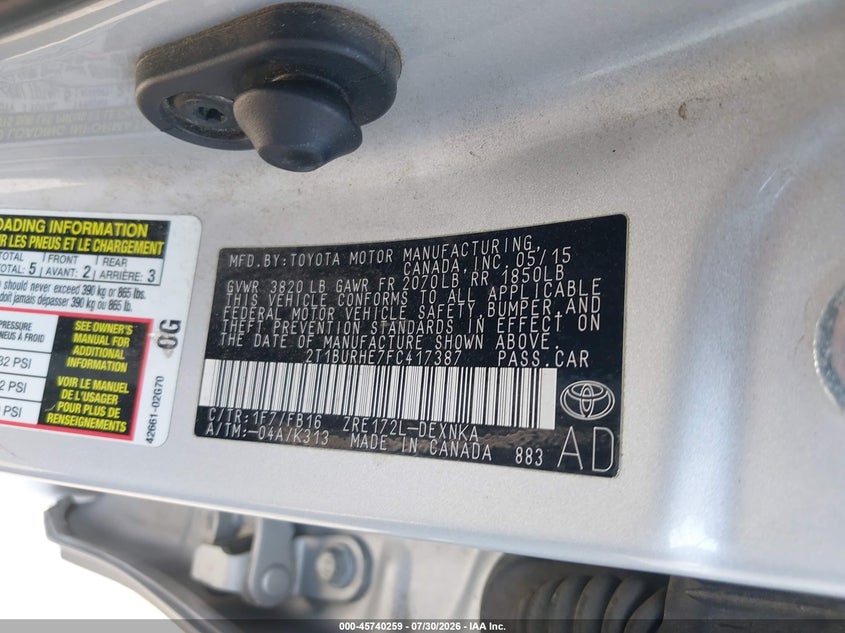 2015 TOYOTA COROLLA SEDAN 1.8L I-4 DOHC, VVT, 132HP